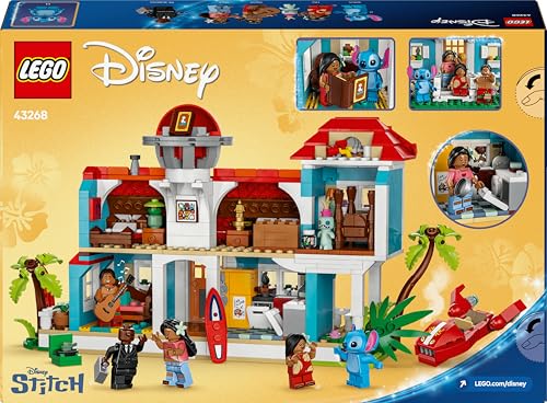 002 LEGO ǀ Disney Casa en la Playa de Lilo y Stitch de Juguete con 6 Habitaciones, Observatorio, Nave Espacial, 5 Minifiguras, Tabla de Surf y Más, Regalo de Cumpleaños para Niñas y Niños de 9+ Años 43268