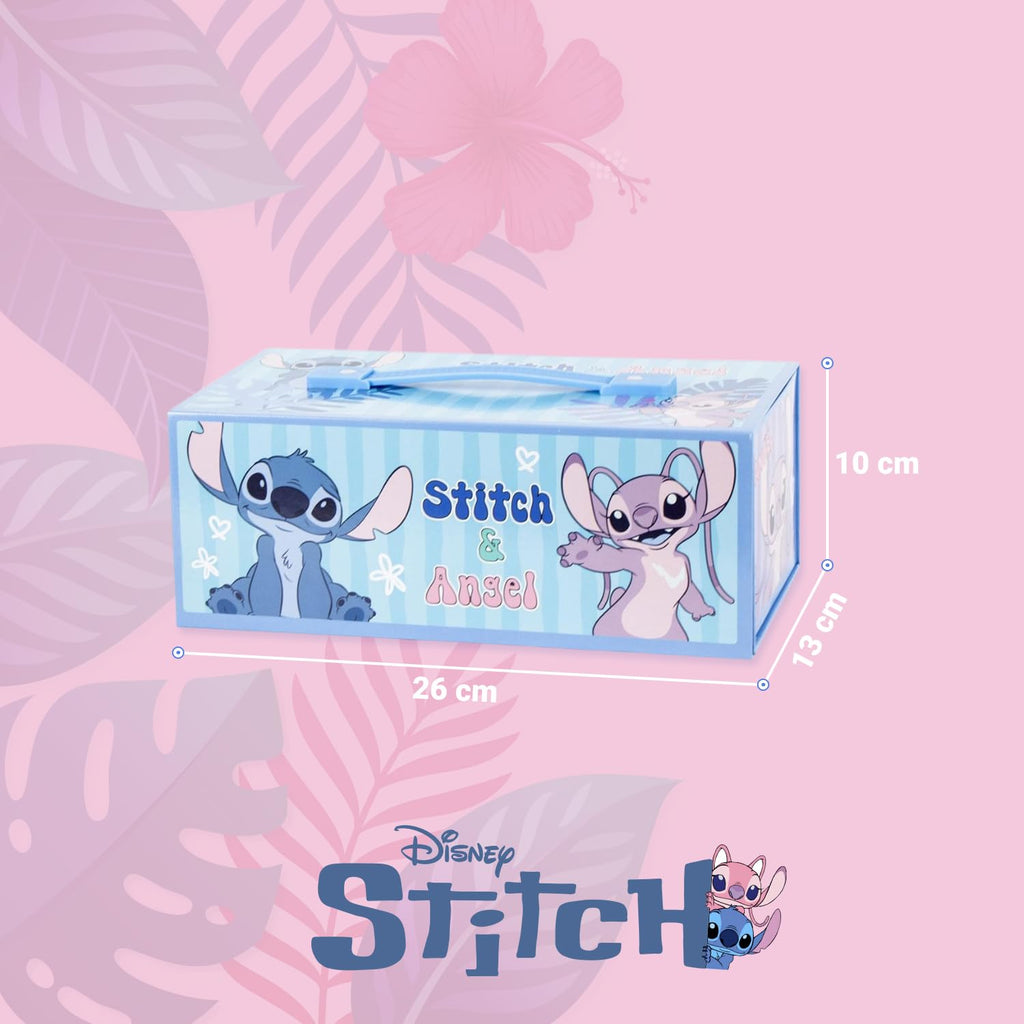 030 Maletín arte Stitch más 60 piezas Set creativo lápices colores, rotuladores, crayones, acuarelas, pinceles y libreta – Estuche Pintar Stitch ideal como regalo artístico y escolar