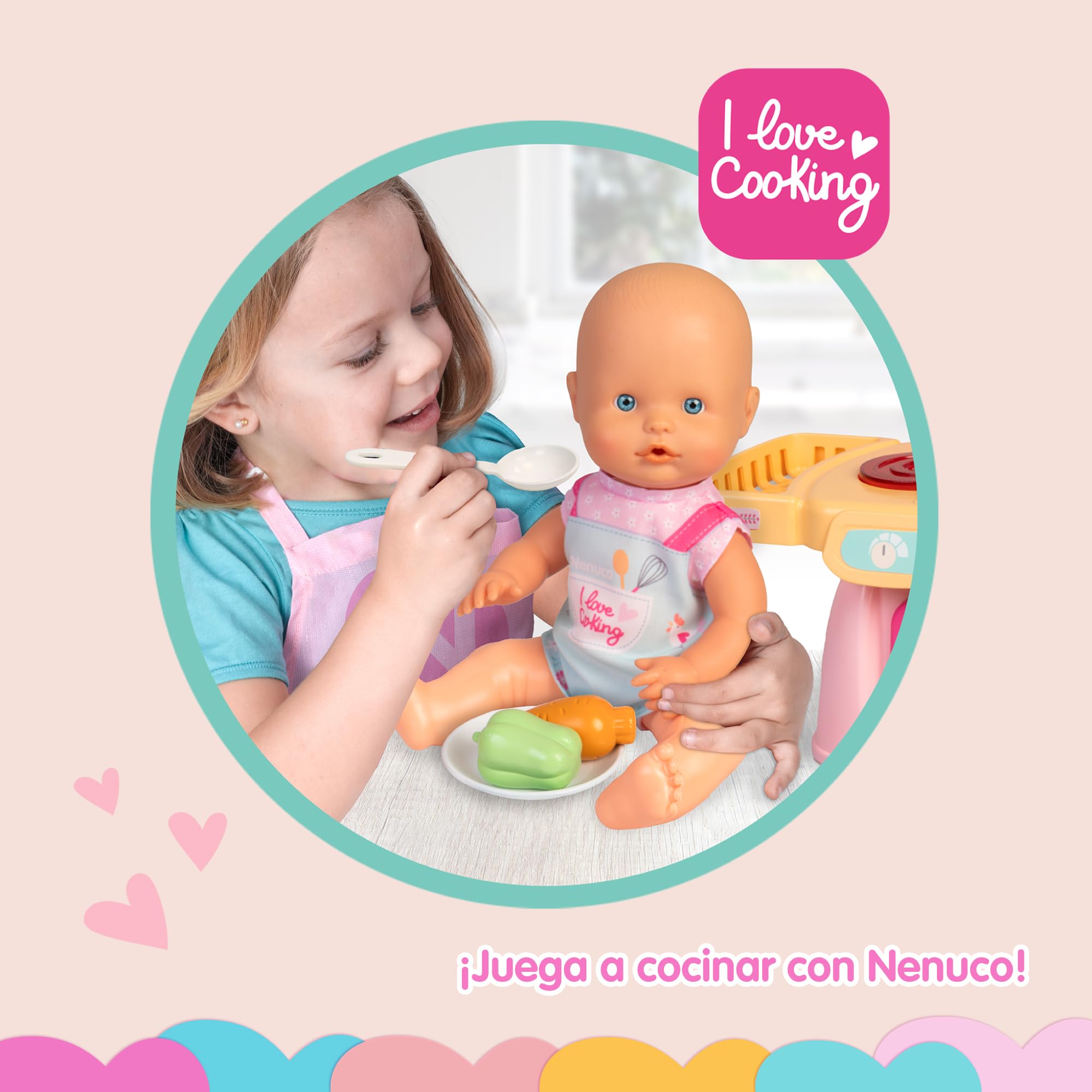 102 Set 'Cocinita mágica' Muñeco de 30 cm con Cuerpo Duro, Incluye +10 Accesorios para Cocinar