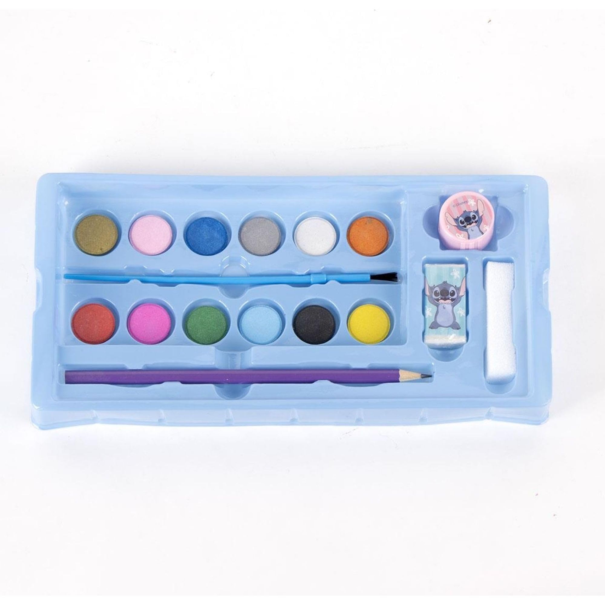 030 Maletín arte Stitch más 60 piezas Set creativo lápices colores, rotuladores, crayones, acuarelas, pinceles y libreta – Estuche Pintar Stitch ideal como regalo artístico y escolar