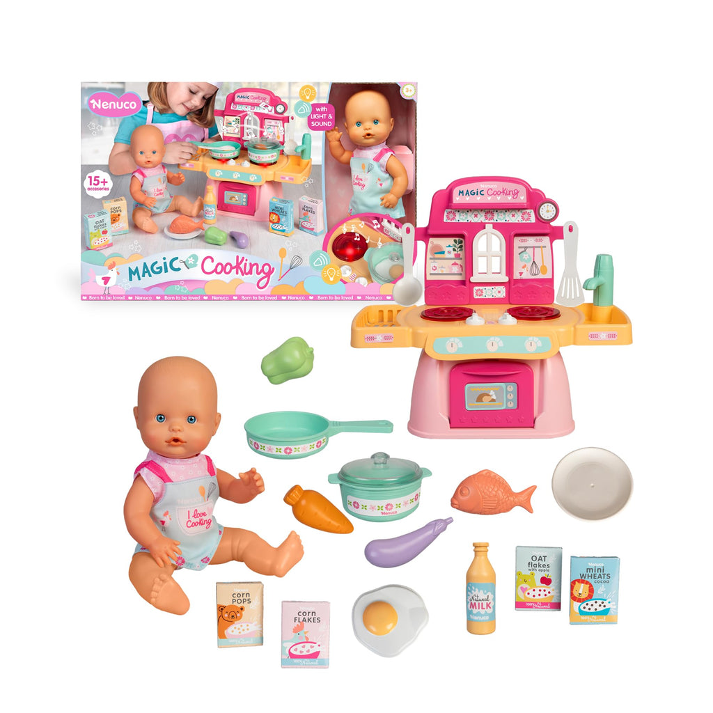 102 Set 'Cocinita mágica' Muñeco de 30 cm con Cuerpo Duro, Incluye +10 Accesorios para Cocinar