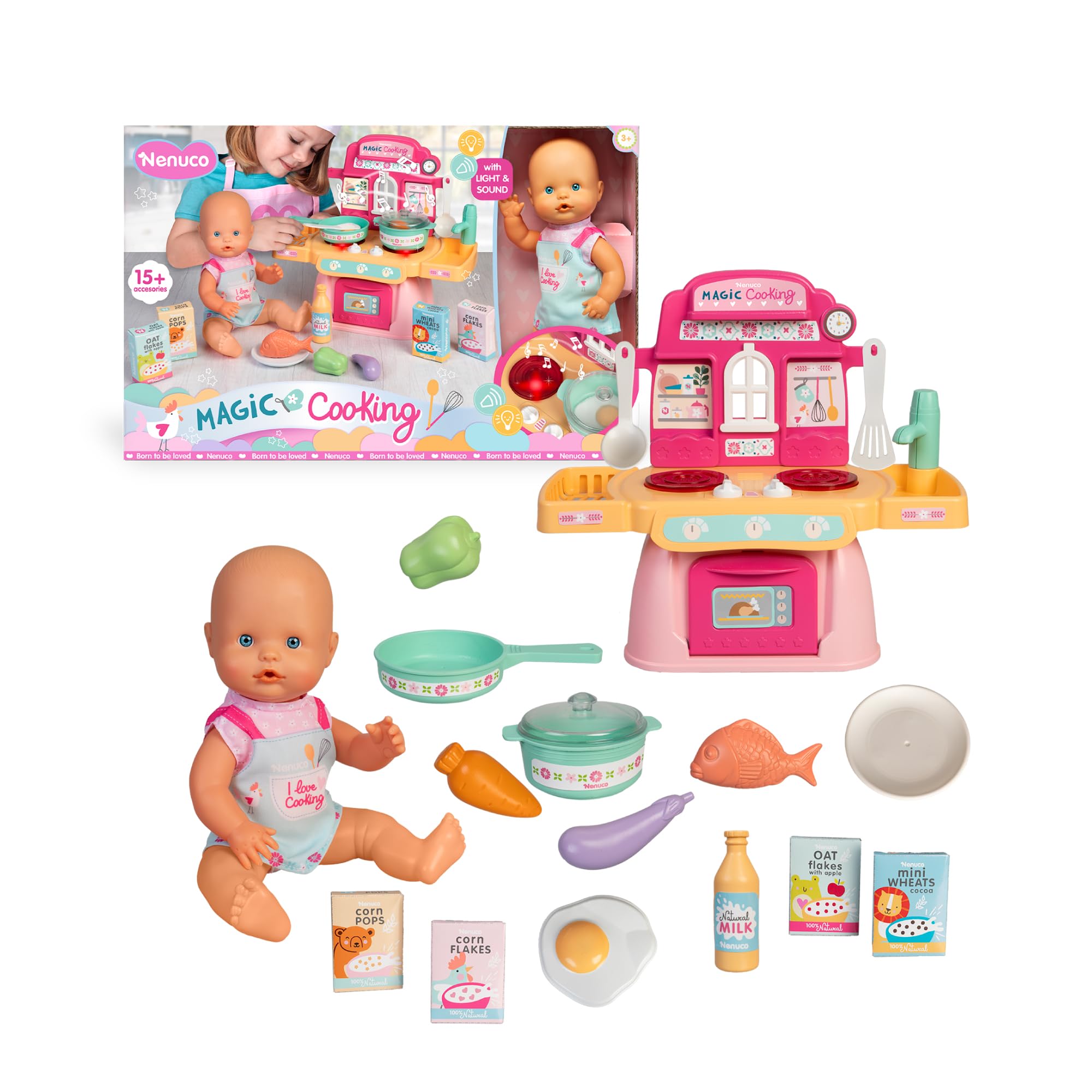 102 Set 'Cocinita mágica' Muñeco de 30 cm con Cuerpo Duro, Incluye +10 Accesorios para Cocinar