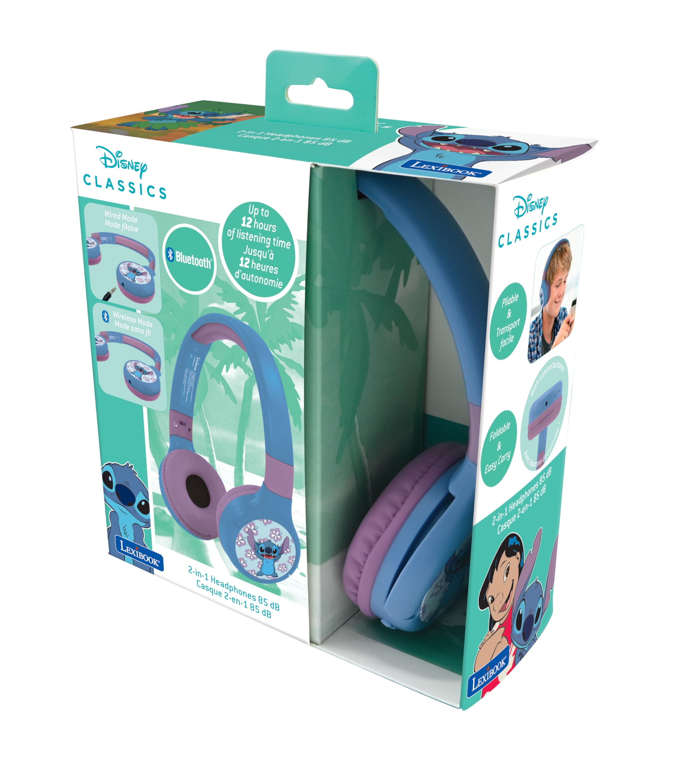 033 LEXIBOOK - Disney Stitch - Auriculares 2 en 1 Bluetooth y con Cable con micrófono y botón de Control, Plegables y Ajustables, Batería Recargable de Larga duración - HPBT010D