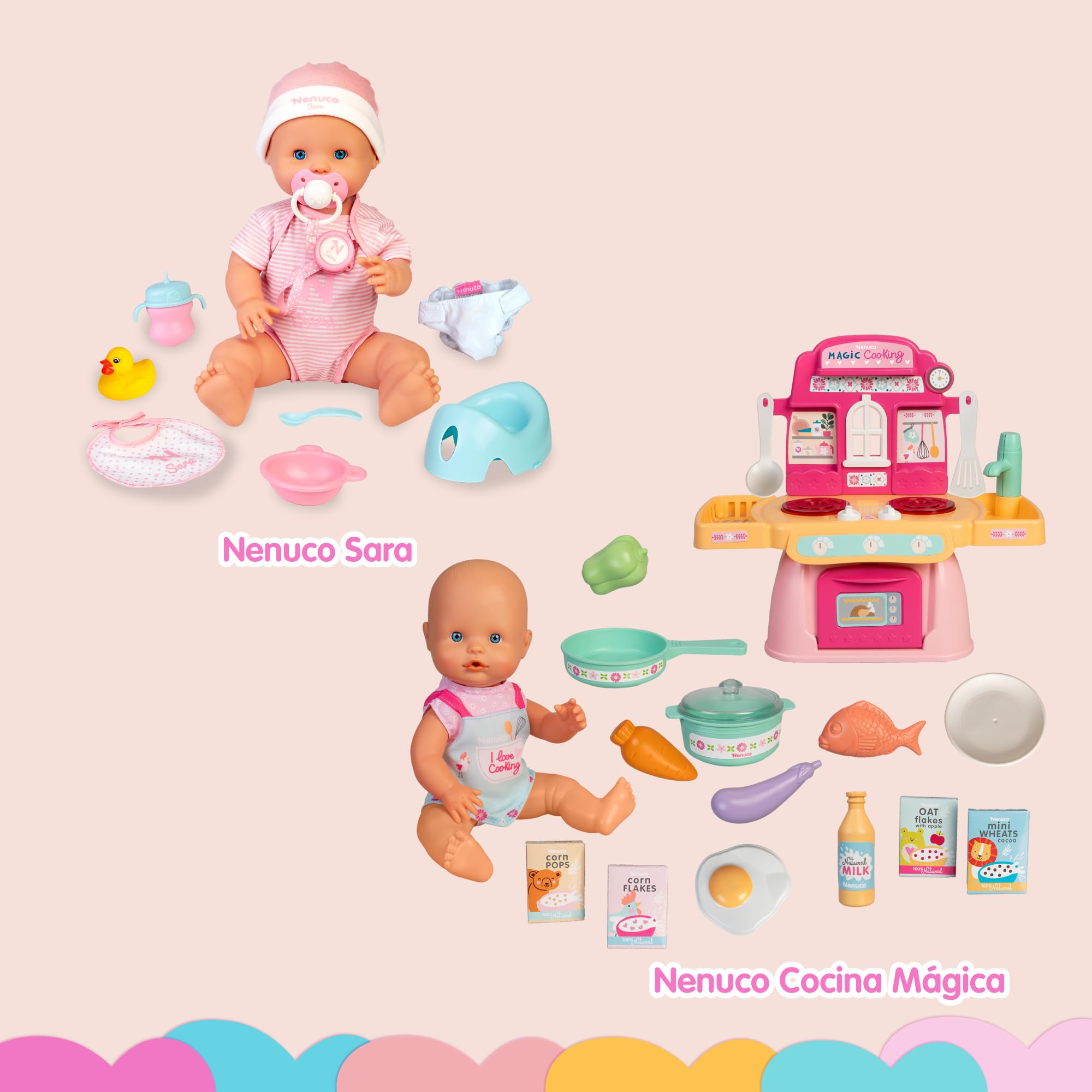 102 Set 'Cocinita mágica' Muñeco de 30 cm con Cuerpo Duro, Incluye +10 Accesorios para Cocinar
