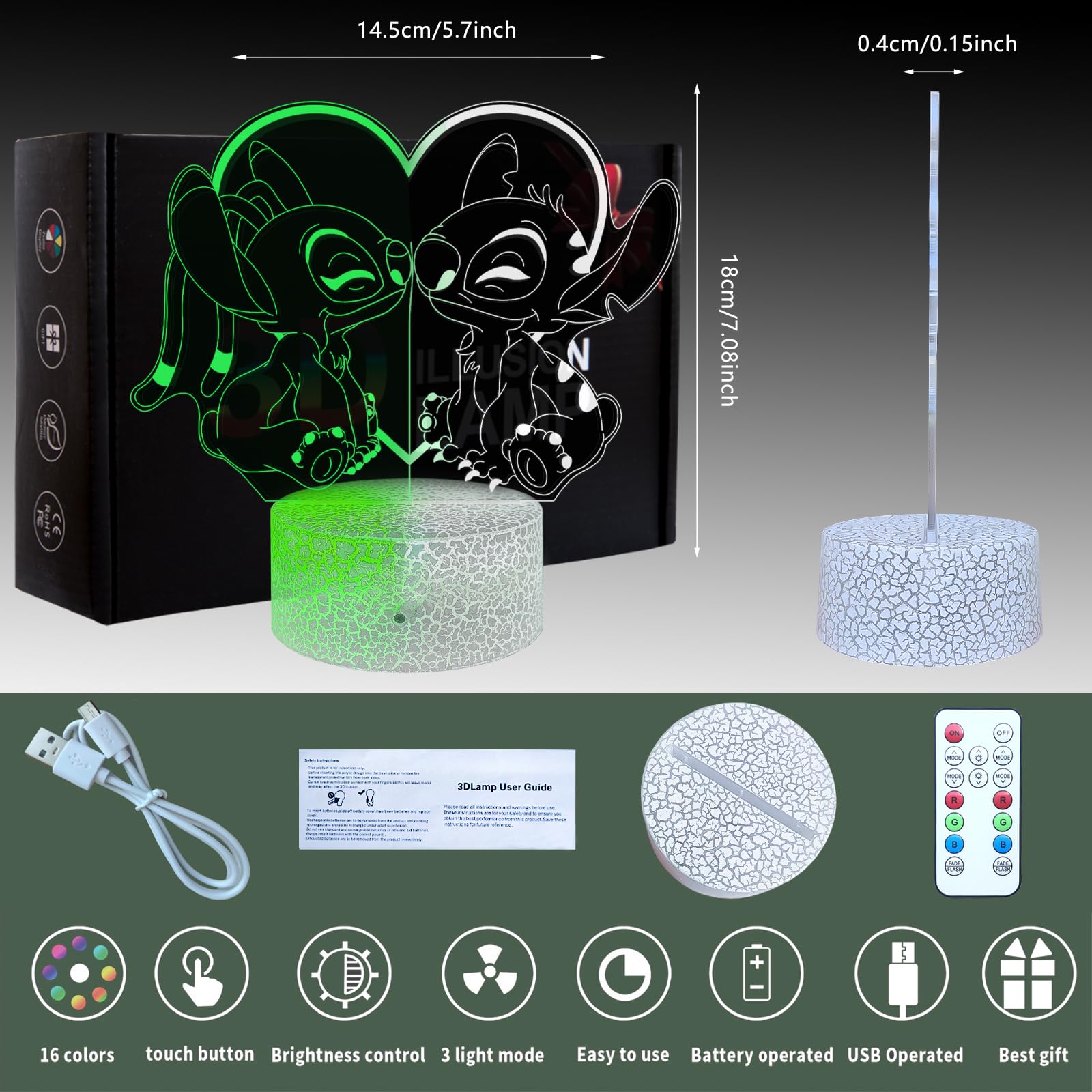 034 Shenjia Stitch lampara de noche 3D con luces LED RGB acrílicas que cambian de color para la decoración del dormitorio infantil