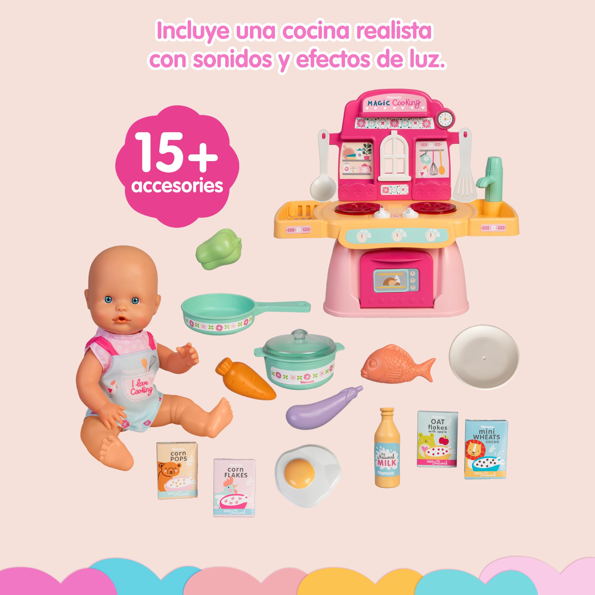 102 Set 'Cocinita mágica' Muñeco de 30 cm con Cuerpo Duro, Incluye +10 Accesorios para Cocinar