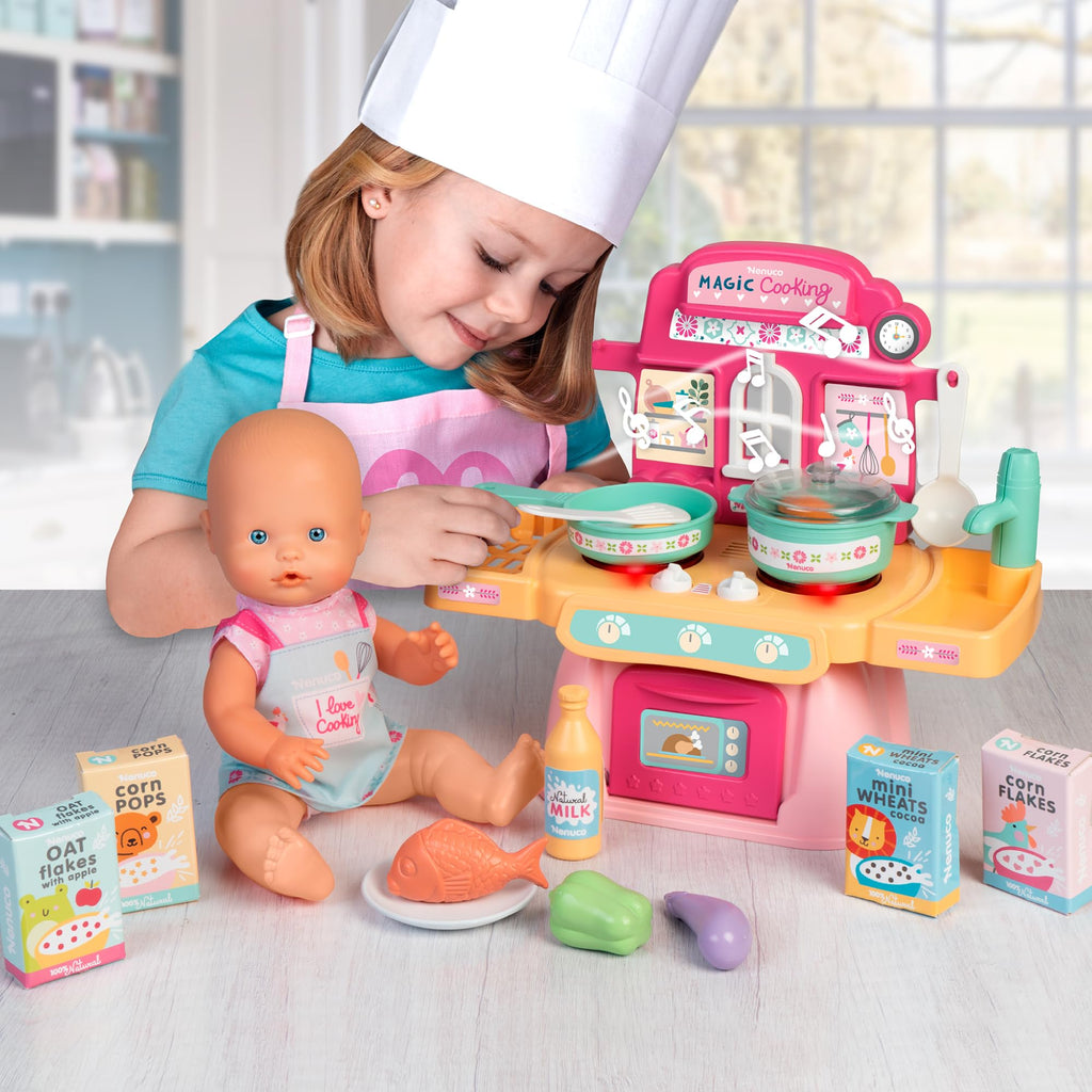 102 Set 'Cocinita mágica' Muñeco de 30 cm con Cuerpo Duro, Incluye +10 Accesorios para Cocinar