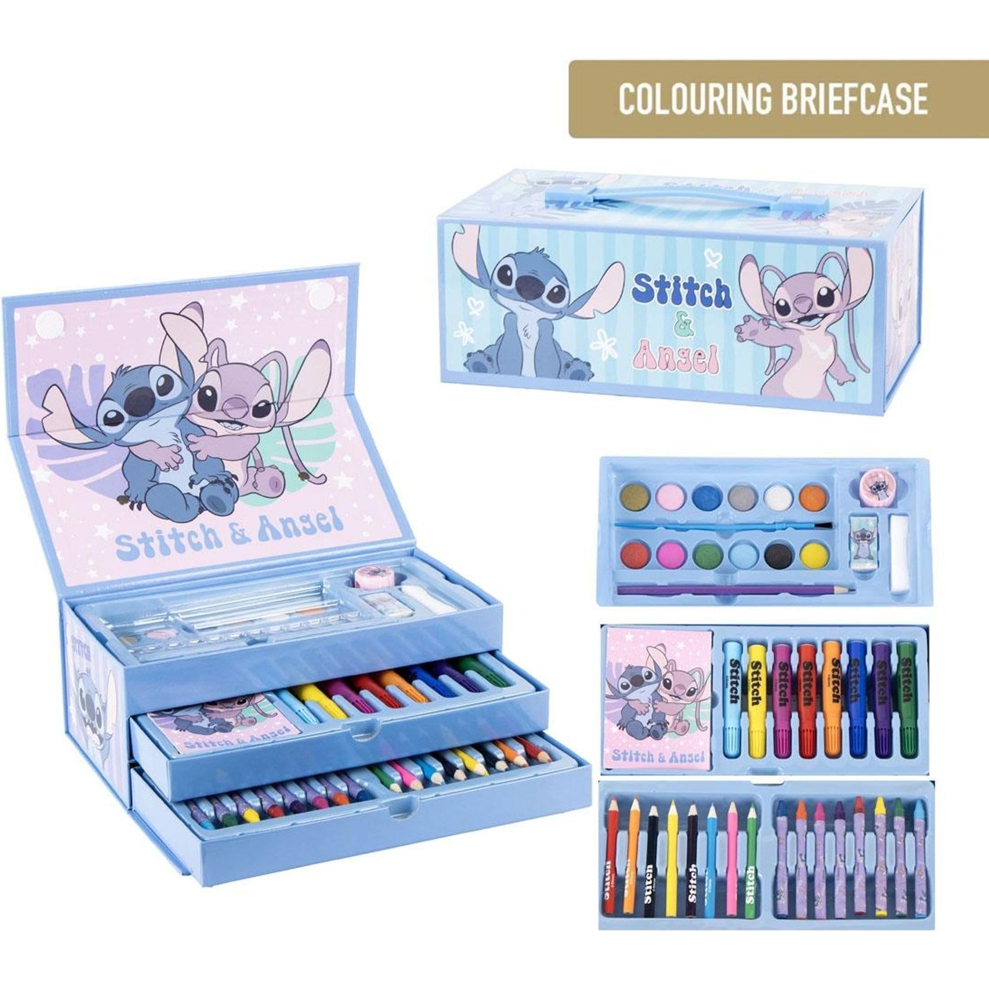 030 Maletín arte Stitch más 60 piezas Set creativo lápices colores, rotuladores, crayones, acuarelas, pinceles y libreta – Estuche Pintar Stitch ideal como regalo artístico y escolar