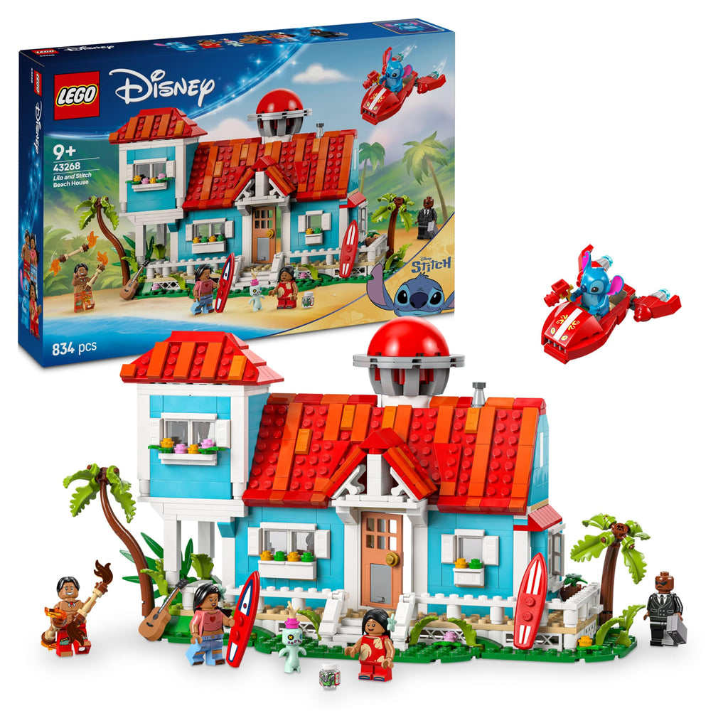 002 LEGO ǀ Disney Casa en la Playa de Lilo y Stitch de Juguete con 6 Habitaciones, Observatorio, Nave Espacial, 5 Minifiguras, Tabla de Surf y Más, Regalo de Cumpleaños para Niñas y Niños de 9+ Años 43268