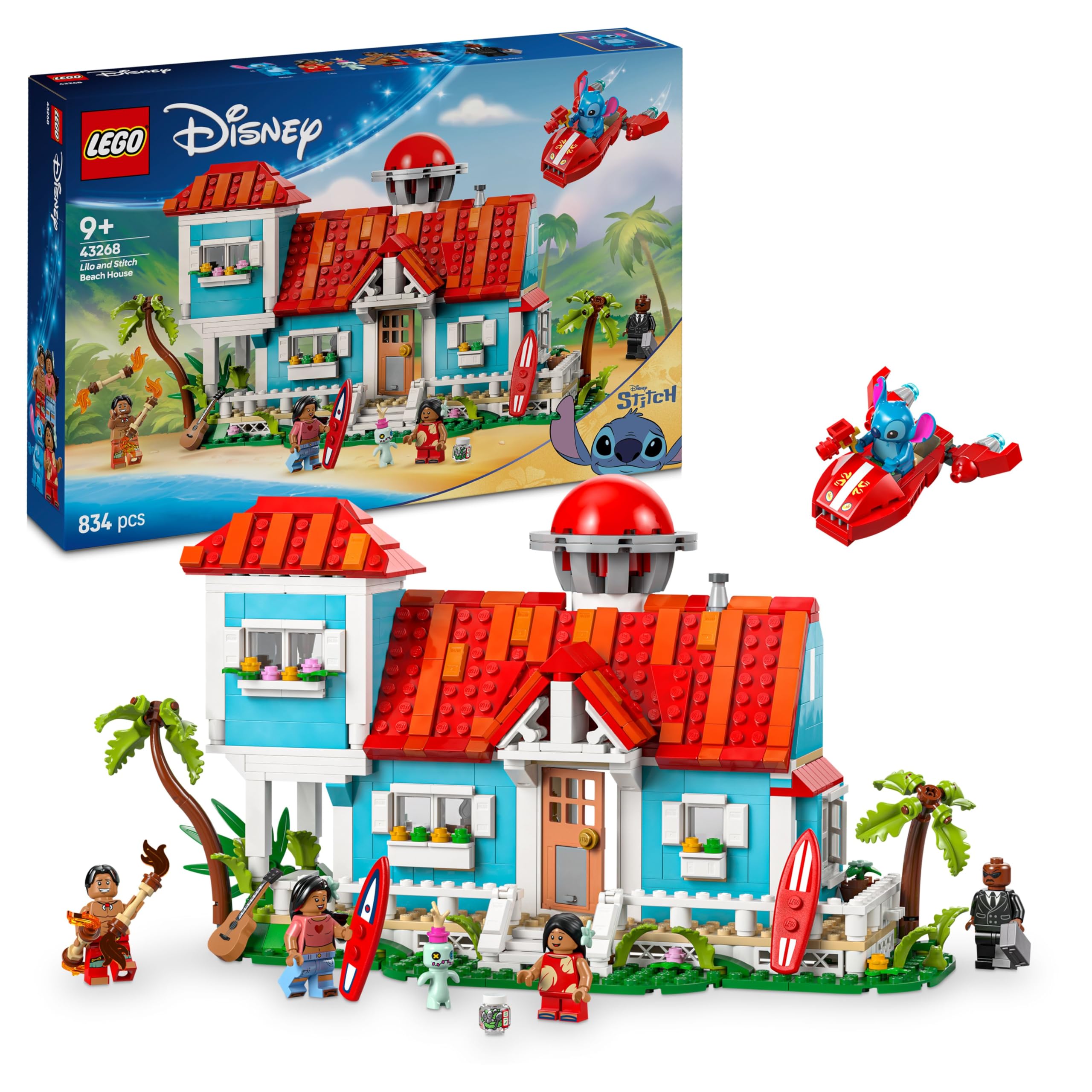 002 LEGO ǀ Disney Casa en la Playa de Lilo y Stitch de Juguete con 6 Habitaciones, Observatorio, Nave Espacial, 5 Minifiguras, Tabla de Surf y Más, Regalo de Cumpleaños para Niñas y Niños de 9+ Años 43268