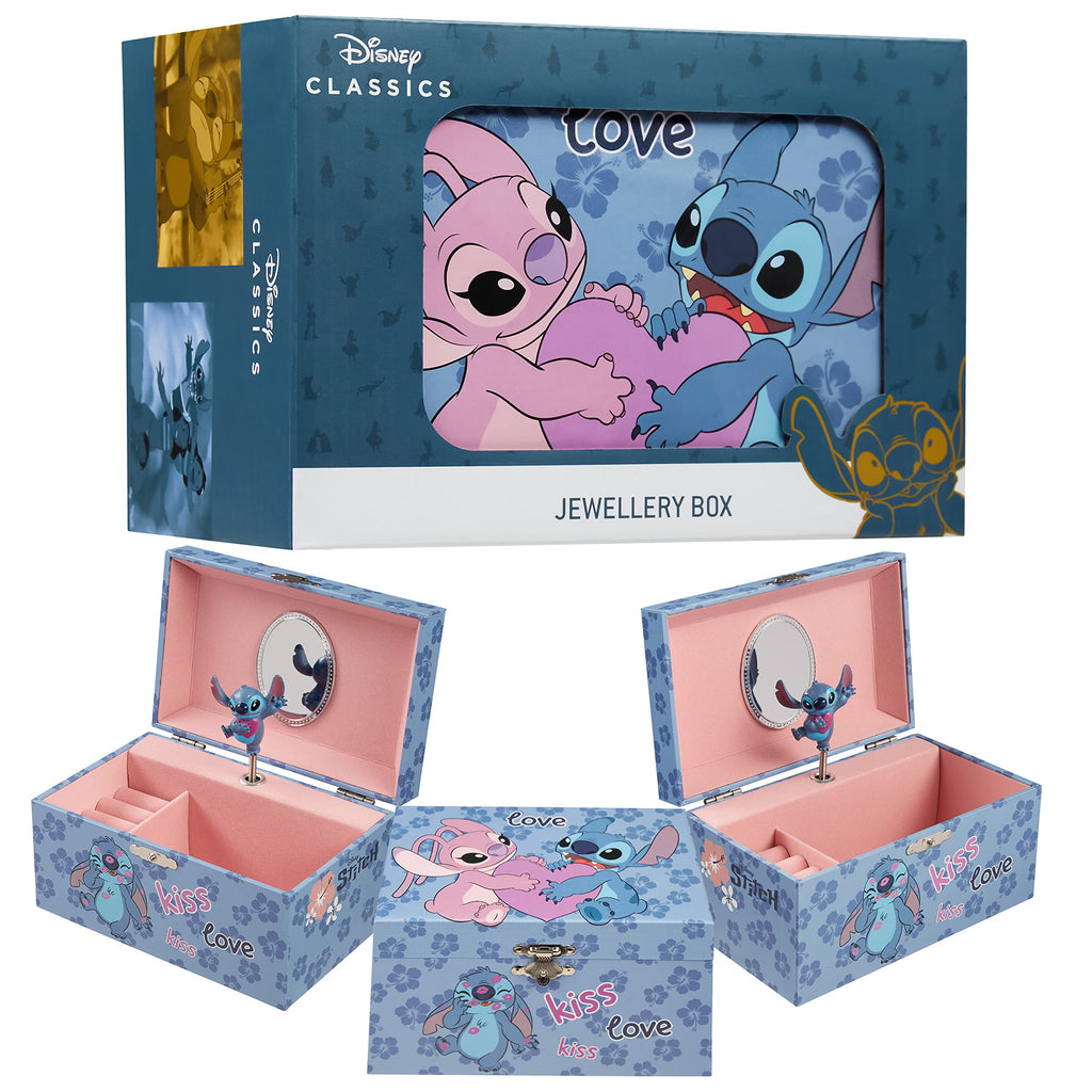 026 Disney Stitch Joyero Musical Niña Adolescente, Joyero Organizador, Elsa Anna Caja Decorativa Bonita con Espejo, Regalo para Niñas (Azul Stitch)