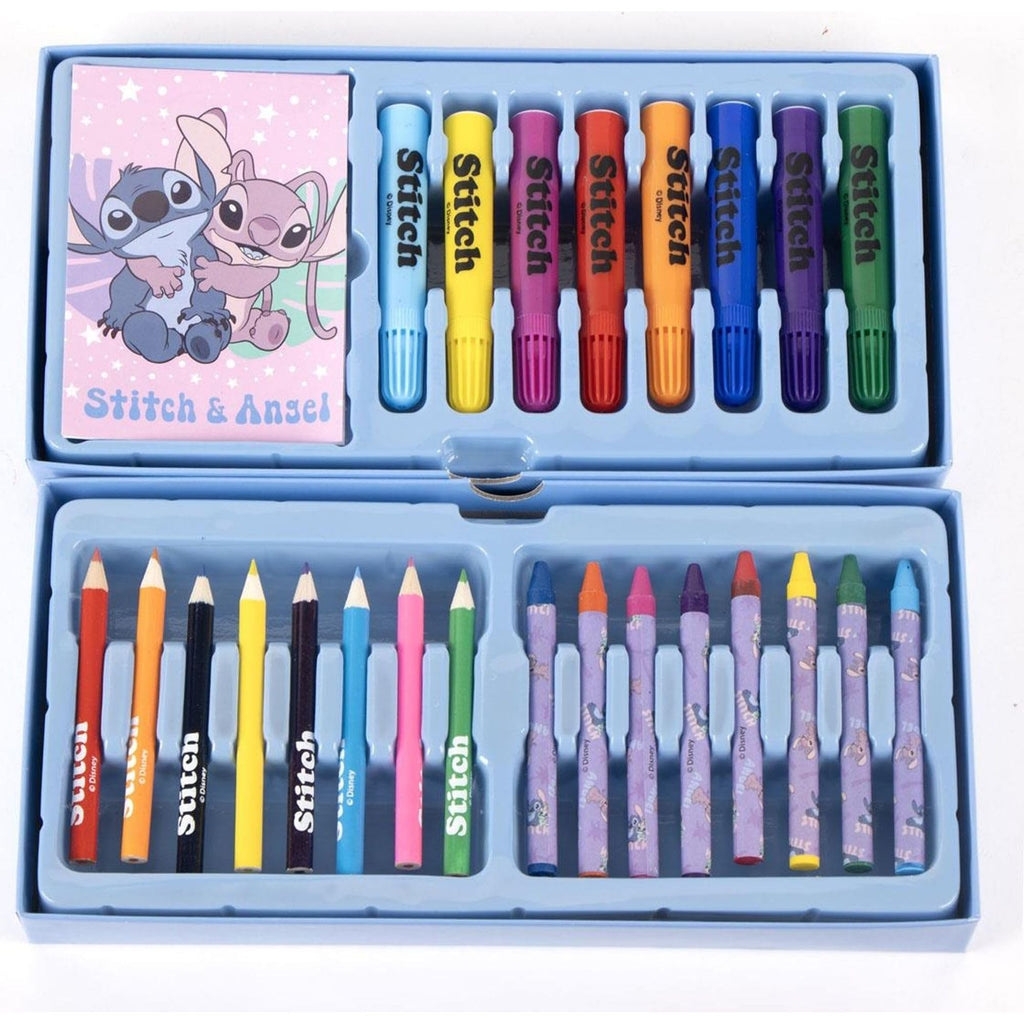 030 Maletín arte Stitch más 60 piezas Set creativo lápices colores, rotuladores, crayones, acuarelas, pinceles y libreta – Estuche Pintar Stitch ideal como regalo artístico y escolar