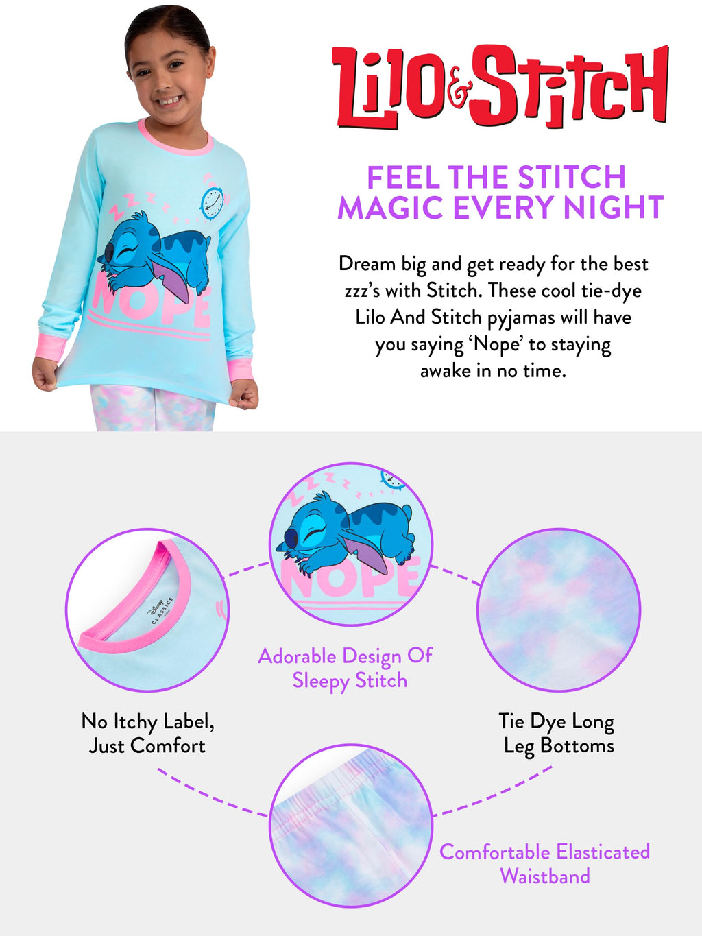 018 Pijama Lilo & Stitch Tie-Dye para Niñas | Talla 9-10 años | Ropa de Dormir Oficial Disney Azul
