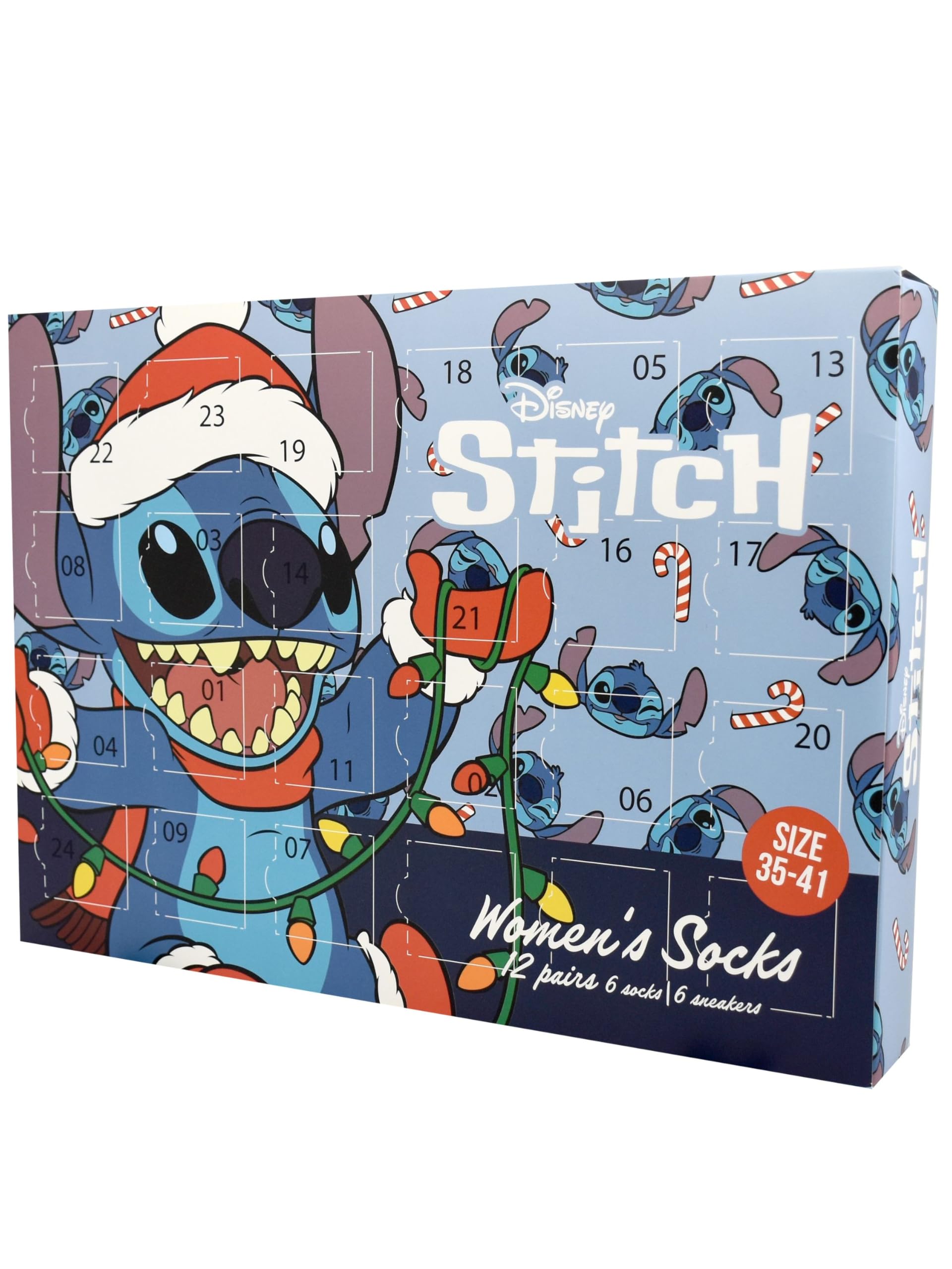 005 United Labels Disney Lilo & Stitch Calendario de Adviento con 12 pares de calcetines para mujer, tamaño 35-41, calendario con zapatillas y calcetines largos, calendario de Navidad regalo