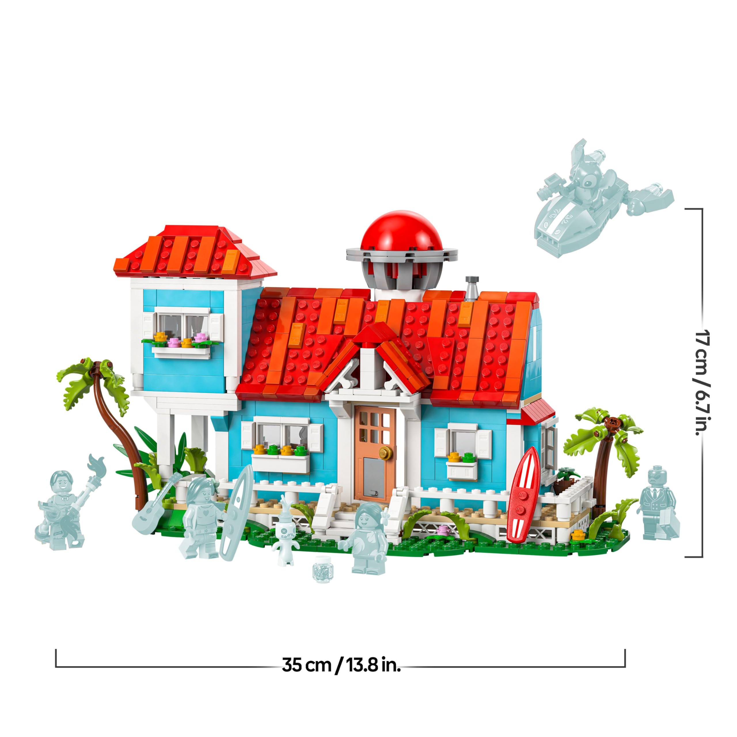 002 LEGO ǀ Disney Casa en la Playa de Lilo y Stitch de Juguete con 6 Habitaciones, Observatorio, Nave Espacial, 5 Minifiguras, Tabla de Surf y Más, Regalo de Cumpleaños para Niñas y Niños de 9+ Años 43268