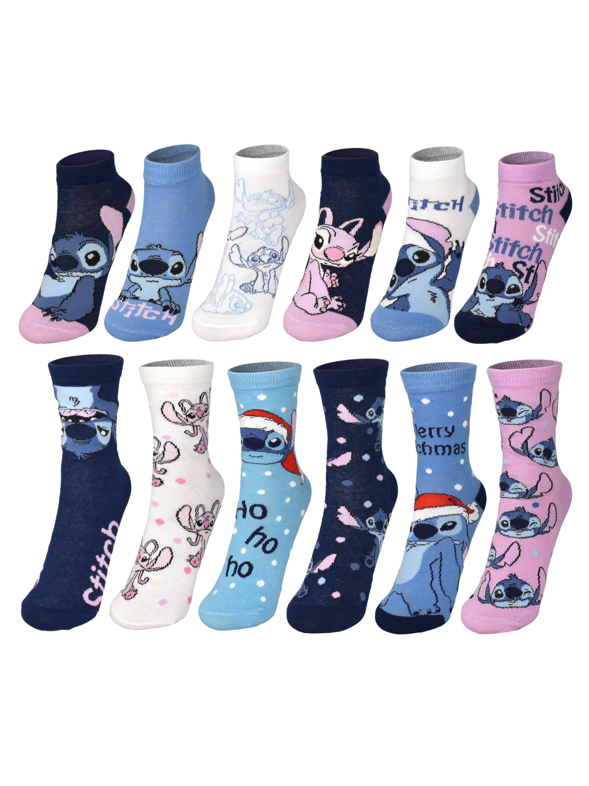 005 United Labels Disney Lilo & Stitch Calendario de Adviento con 12 pares de calcetines para mujer, tamaño 35-41, calendario con zapatillas y calcetines largos, calendario de Navidad regalo