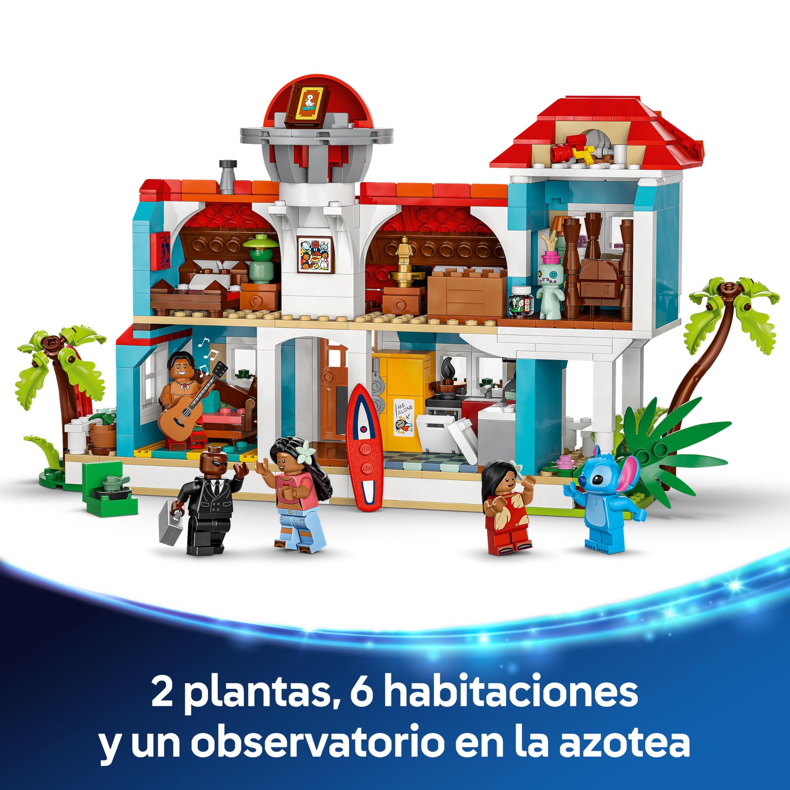 002 LEGO ǀ Disney Casa en la Playa de Lilo y Stitch de Juguete con 6 Habitaciones, Observatorio, Nave Espacial, 5 Minifiguras, Tabla de Surf y Más, Regalo de Cumpleaños para Niñas y Niños de 9+ Años 43268