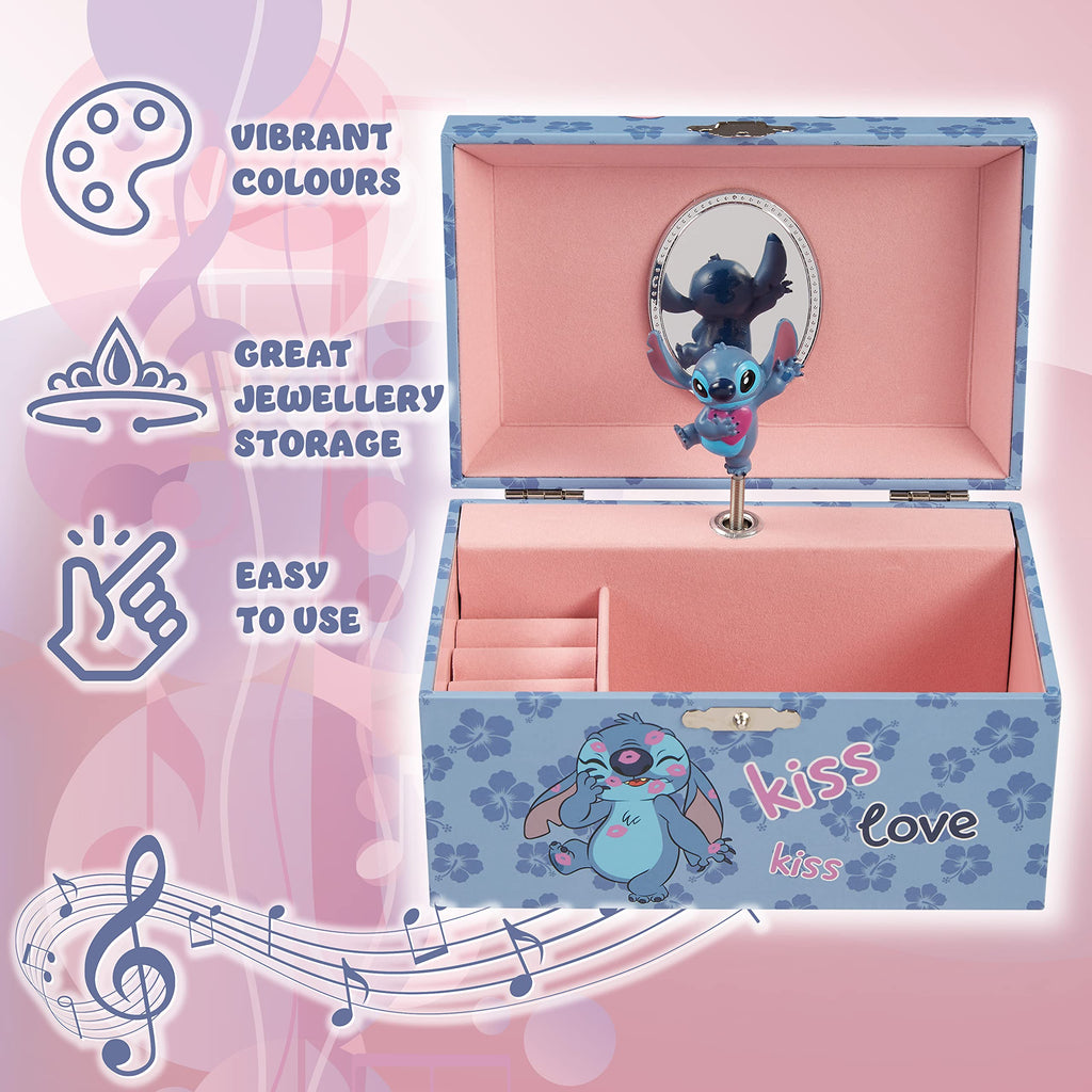 026 Disney Stitch Joyero Musical Niña Adolescente, Joyero Organizador, Elsa Anna Caja Decorativa Bonita con Espejo, Regalo para Niñas (Azul Stitch)