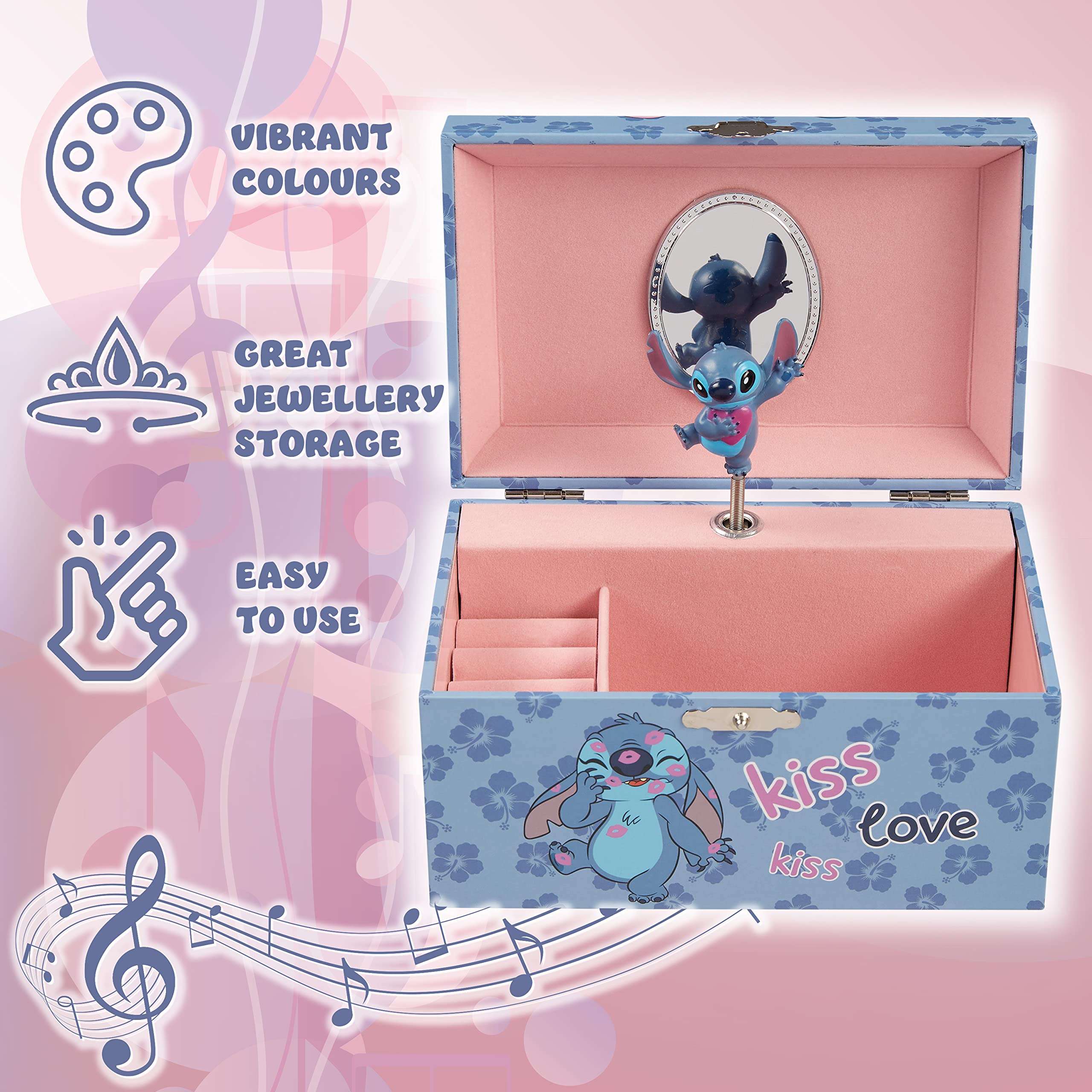026 Disney Stitch Joyero Musical Niña Adolescente, Joyero Organizador, Elsa Anna Caja Decorativa Bonita con Espejo, Regalo para Niñas (Azul Stitch)
