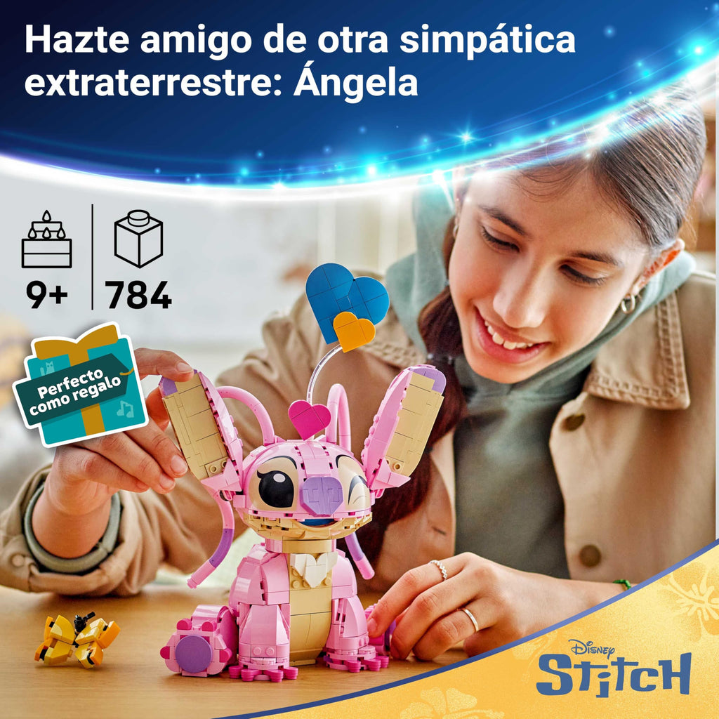 011 Ángela de LEGO - Juguete de Construcción de Lilo y Stitch de DISNEY - Figura Articulada de Amiga de Stitch con 3 Globos de Corazón y Mariposa