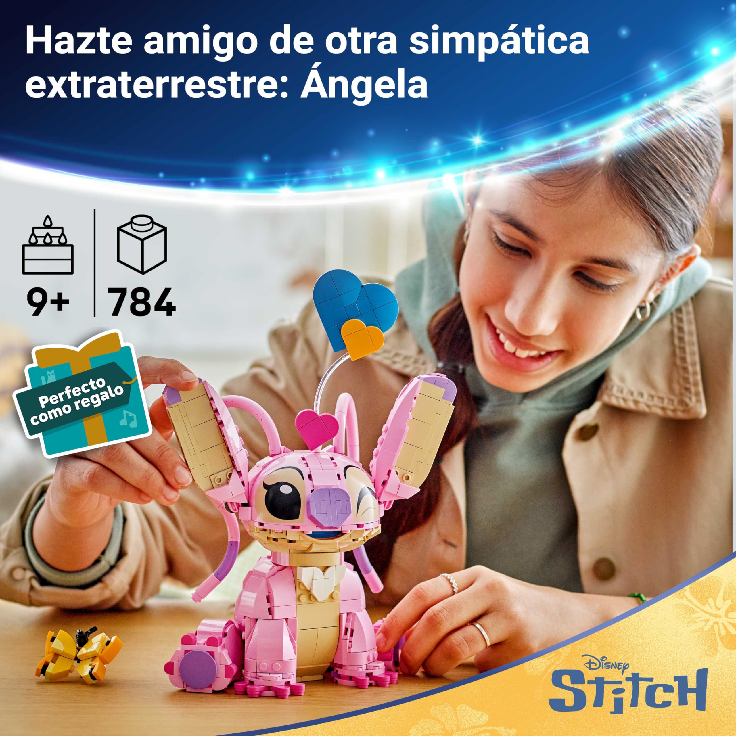 011 Ángela de LEGO - Juguete de Construcción de Lilo y Stitch de DISNEY - Figura Articulada de Amiga de Stitch con 3 Globos de Corazón y Mariposa