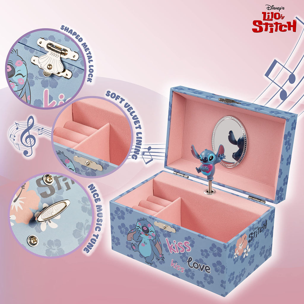 026 Disney Stitch Joyero Musical Niña Adolescente, Joyero Organizador, Elsa Anna Caja Decorativa Bonita con Espejo, Regalo para Niñas (Azul Stitch)