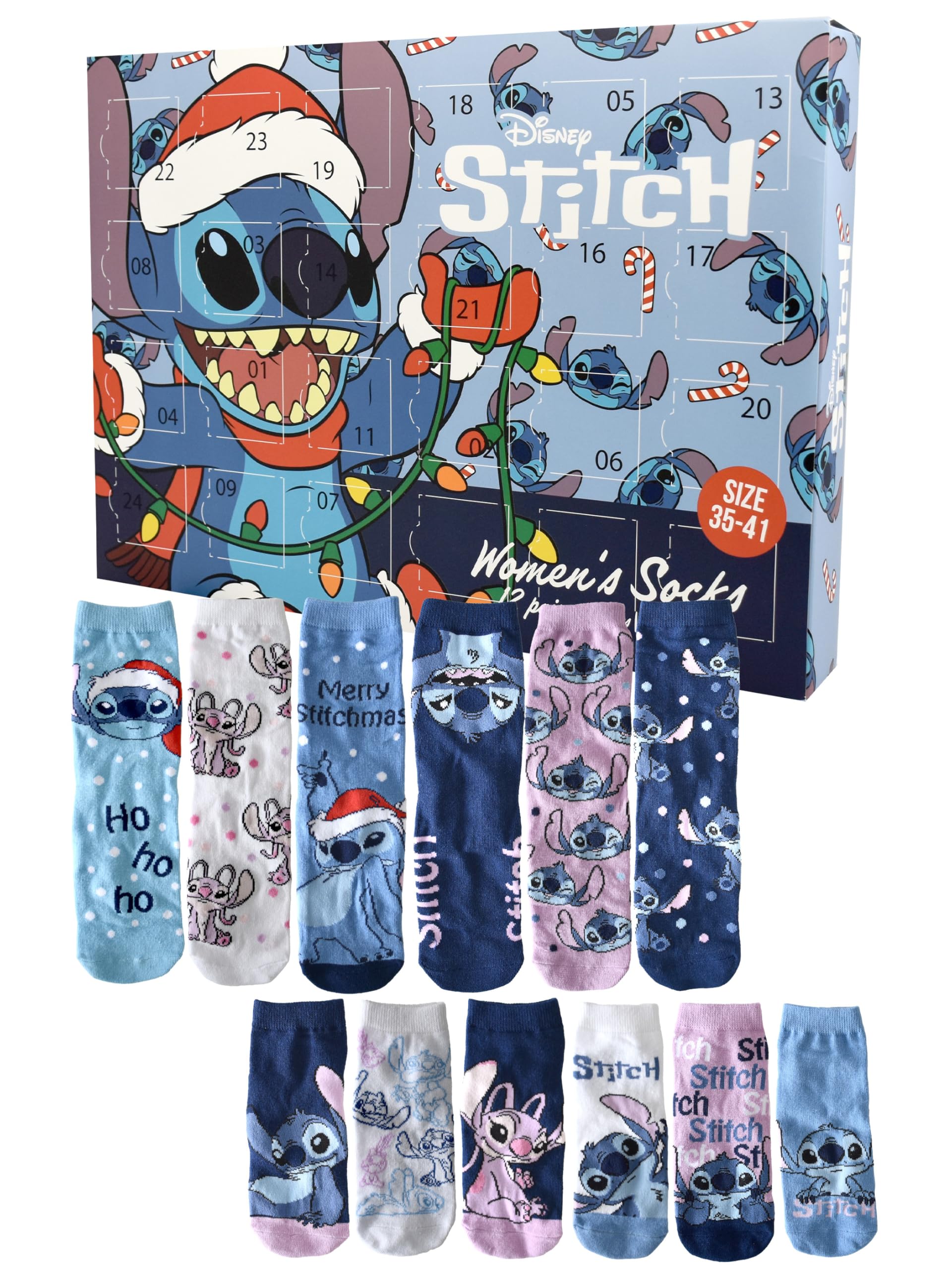 005 United Labels Disney Lilo & Stitch Calendario de Adviento con 12 pares de calcetines para mujer, tamaño 35-41, calendario con zapatillas y calcetines largos, calendario de Navidad regalo