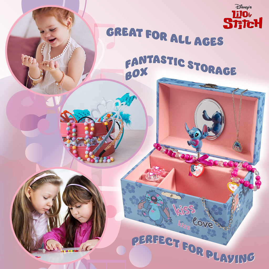 026 Disney Stitch Joyero Musical Niña Adolescente, Joyero Organizador, Elsa Anna Caja Decorativa Bonita con Espejo, Regalo para Niñas (Azul Stitch)